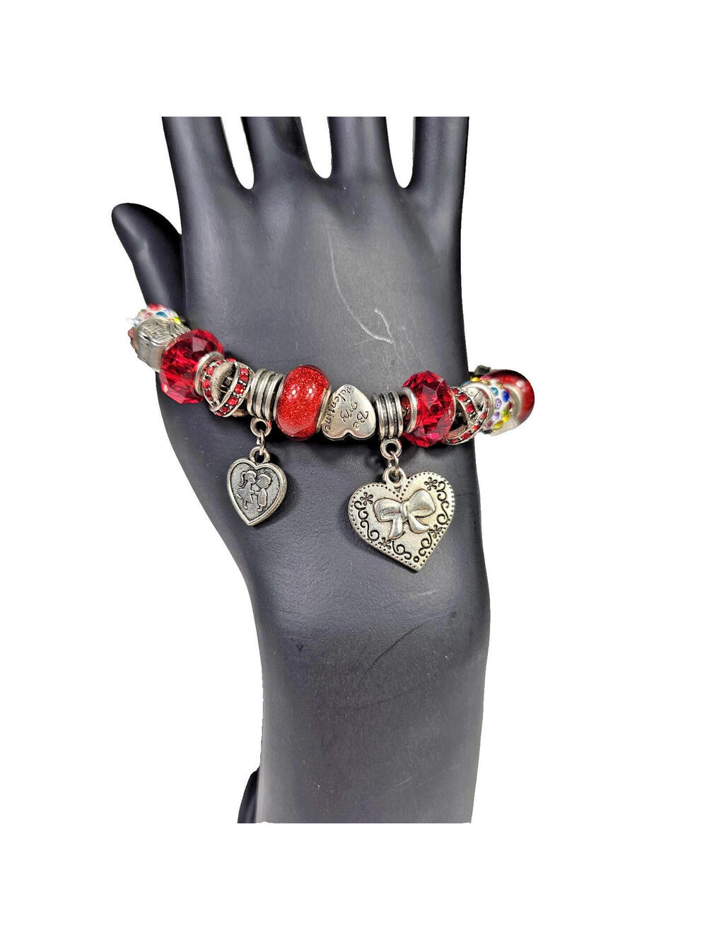 925 Charm Bracelet w 14 Charms & Safety Chain Red Love Glass, Enamel, Filigree